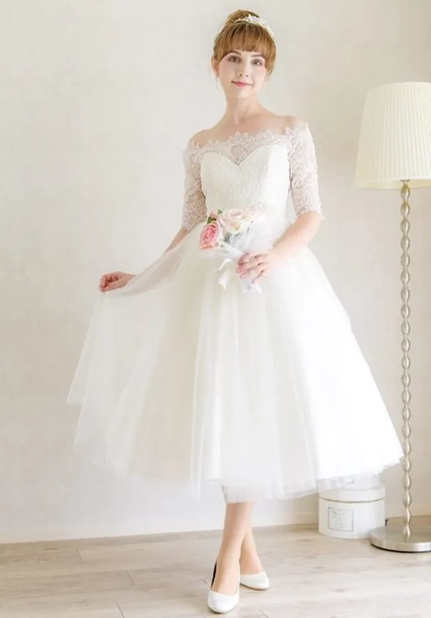 ---Cheap tea length wedding dress online bodice finished with delicate lace half sleeves and off shoulders--