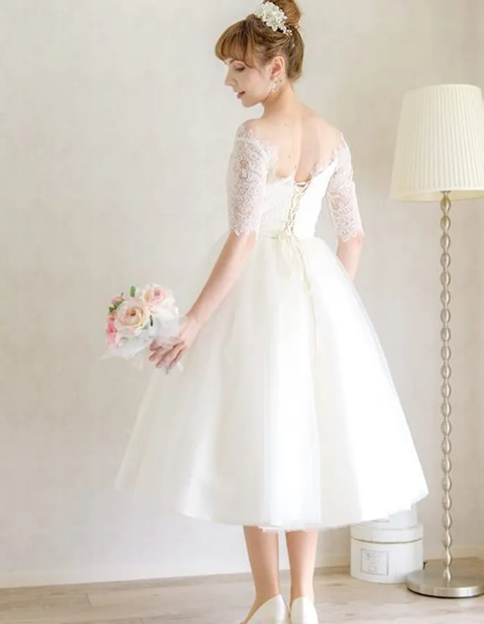 ---Cheap tea length wedding dress online bodice finished with delicate lace half sleeves and off shoulders--