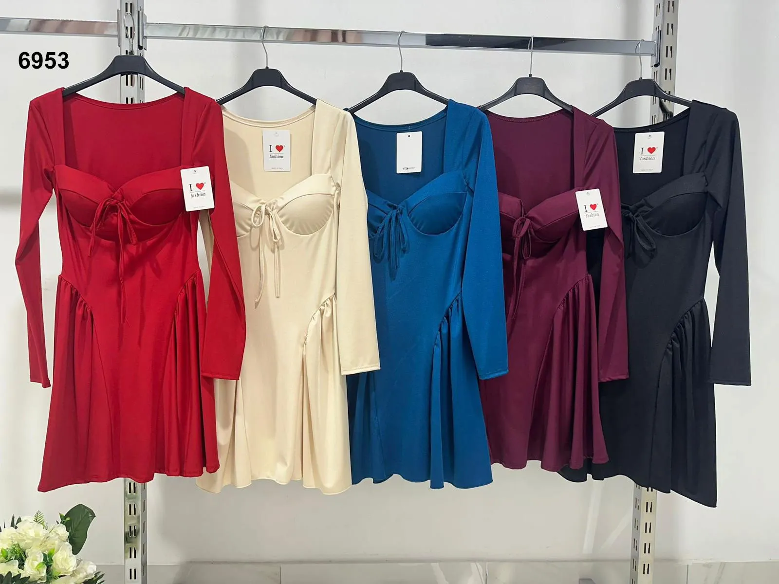 Abito Corto Casual Manica Lunga Scollo Dritto con Laccetto Vestito Elegante Sensuale in 5 Colori - 6953