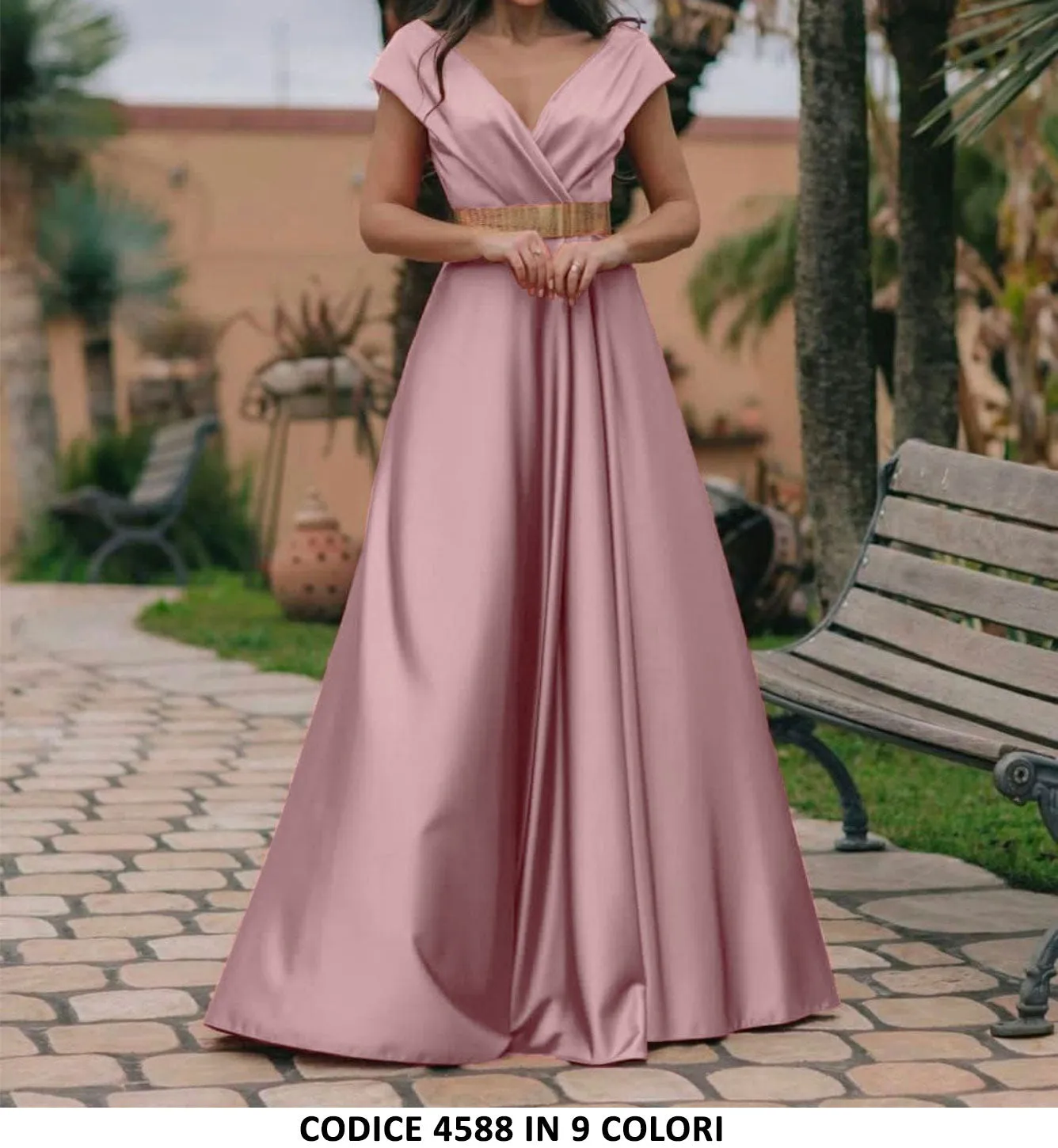 Abito Elegante Cerimonia Rasato Scollo V Vestito Da Sera Senza Maniche In Rosa - 4588Out