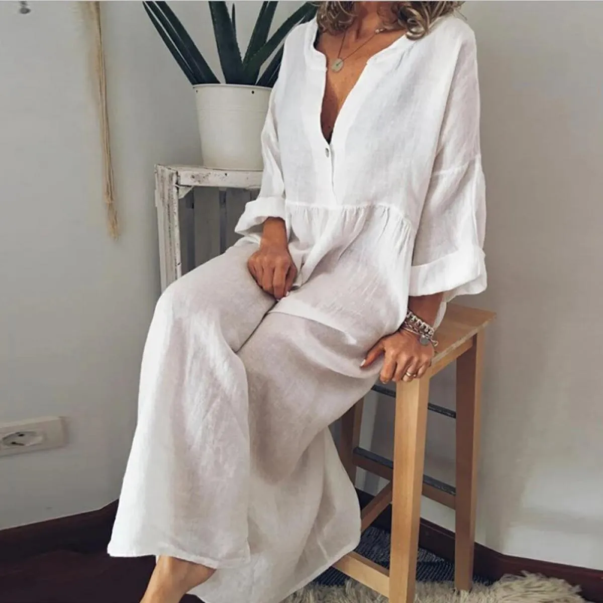Abito lungo in lino di cotone per donna 2024 camicia a maniche corte Casual in puro colore estivo abito da spiaggia femminile Y2