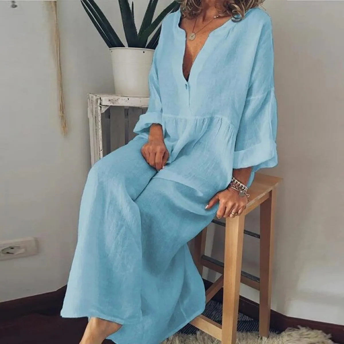 Abito lungo in lino di cotone per donna 2024 camicia a maniche corte Casual in puro colore estivo abito da spiaggia femminile Y2