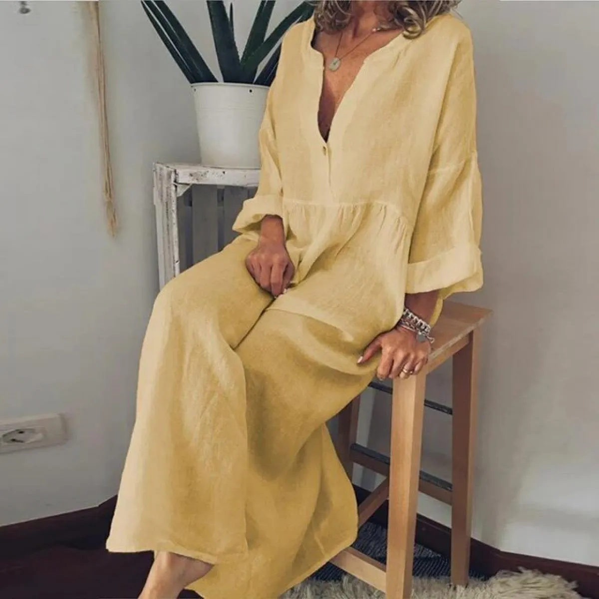 Abito lungo in lino di cotone per donna 2024 camicia a maniche corte Casual in puro colore estivo abito da spiaggia femminile Y2
