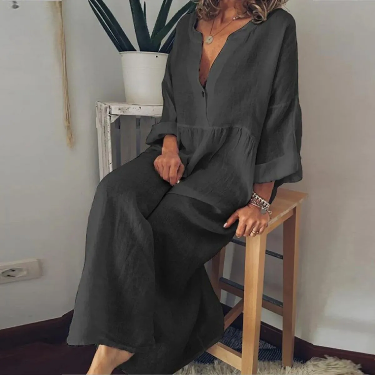 Abito lungo in lino di cotone per donna 2024 camicia a maniche corte Casual in puro colore estivo abito da spiaggia femminile Y2