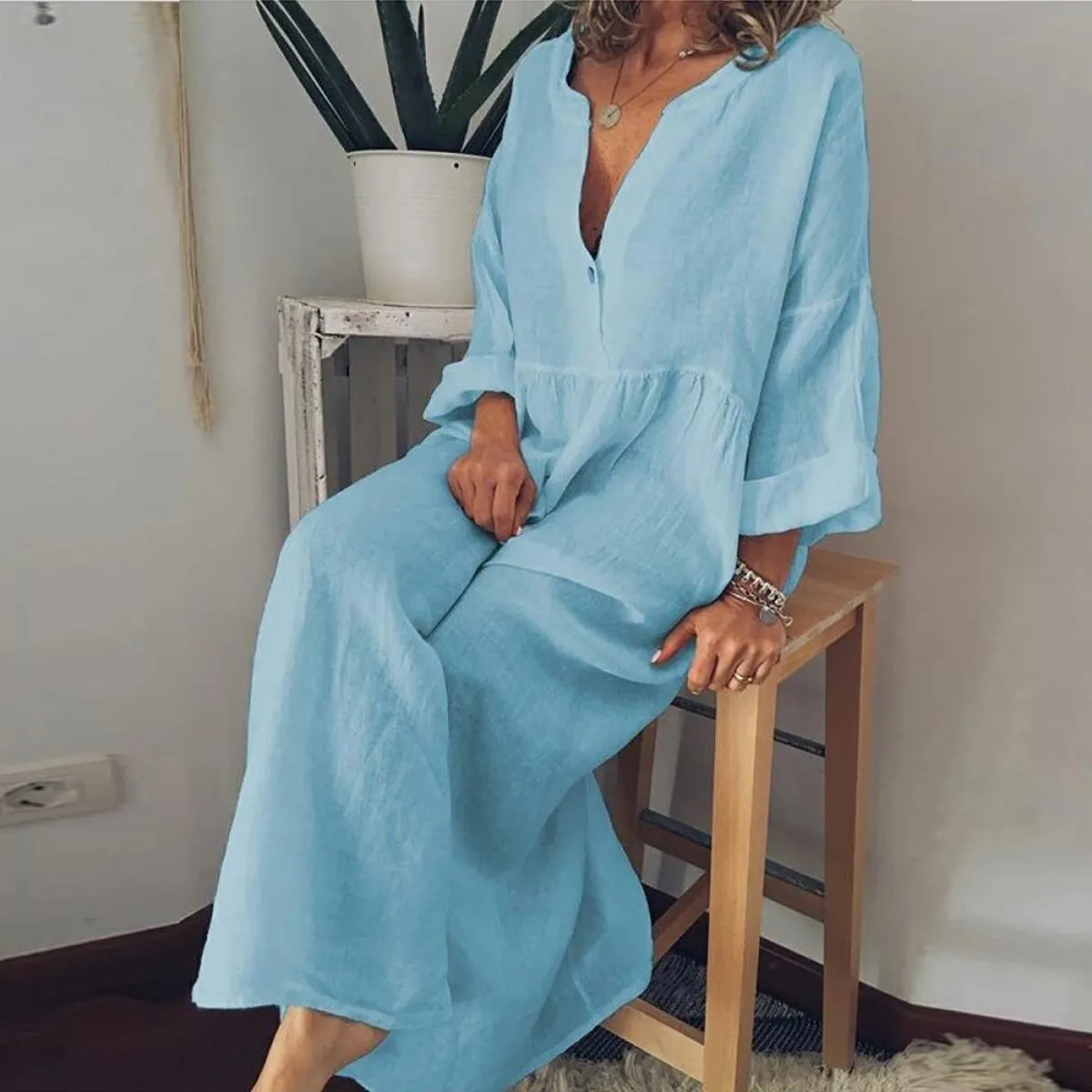 Abito lungo in lino di cotone per donna 2024 camicia a maniche corte Casual in puro colore estivo abito da spiaggia femminile Y2
