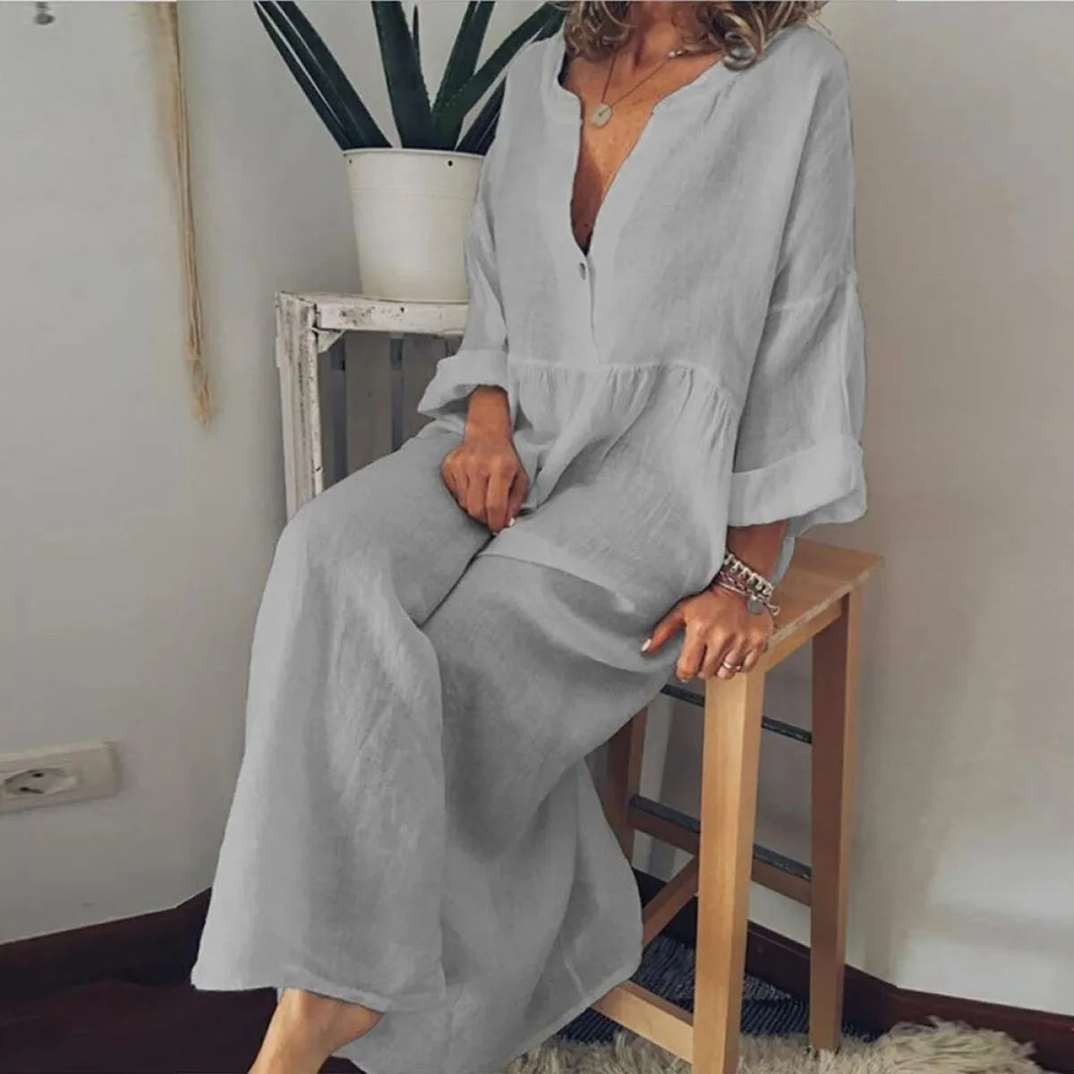 Abito lungo in lino di cotone per donna 2024 camicia a maniche corte Casual in puro colore estivo abito da spiaggia femminile Y2