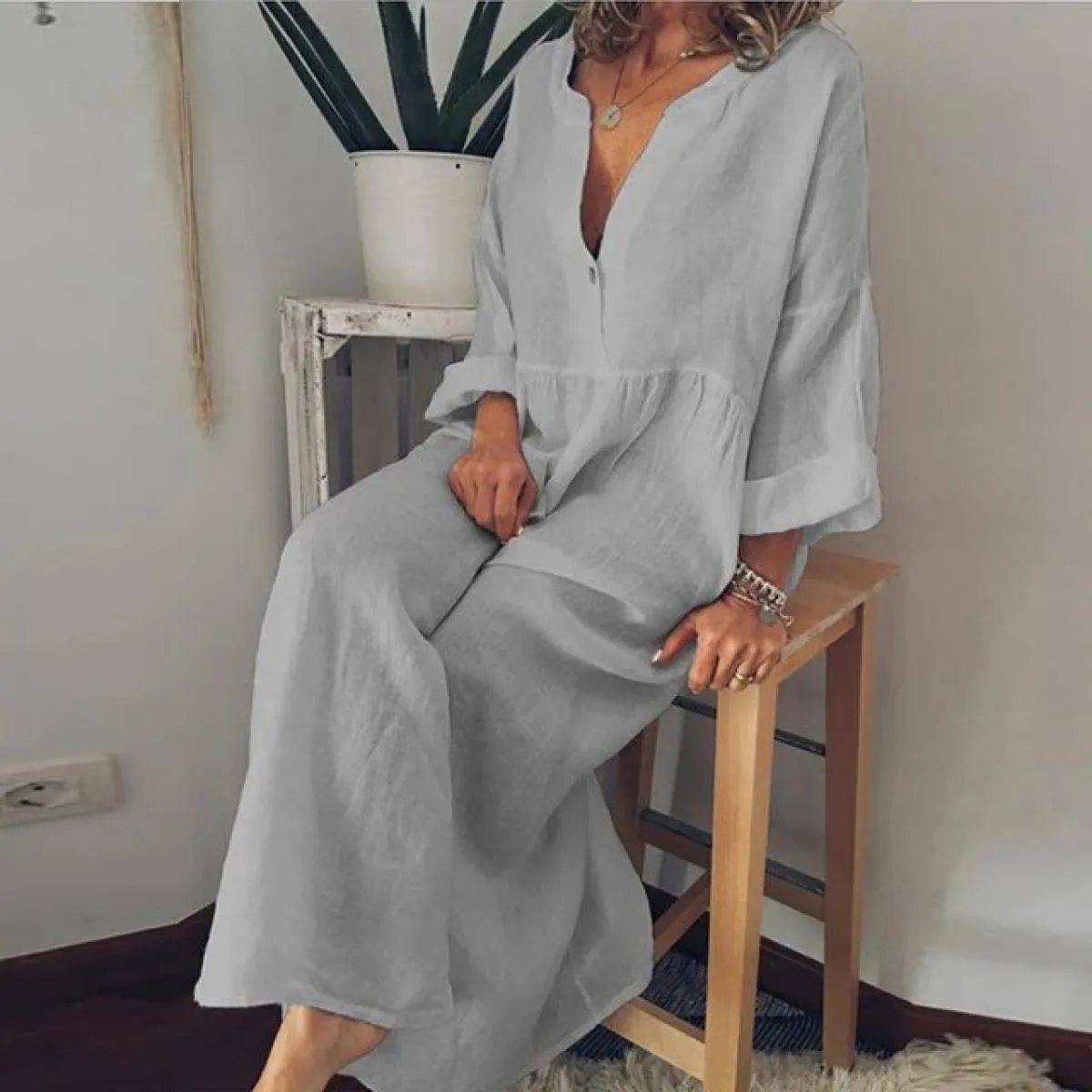 Abito lungo in lino di cotone per donna 2024 camicia a maniche corte Casual in puro colore estivo abito da spiaggia femminile Y2