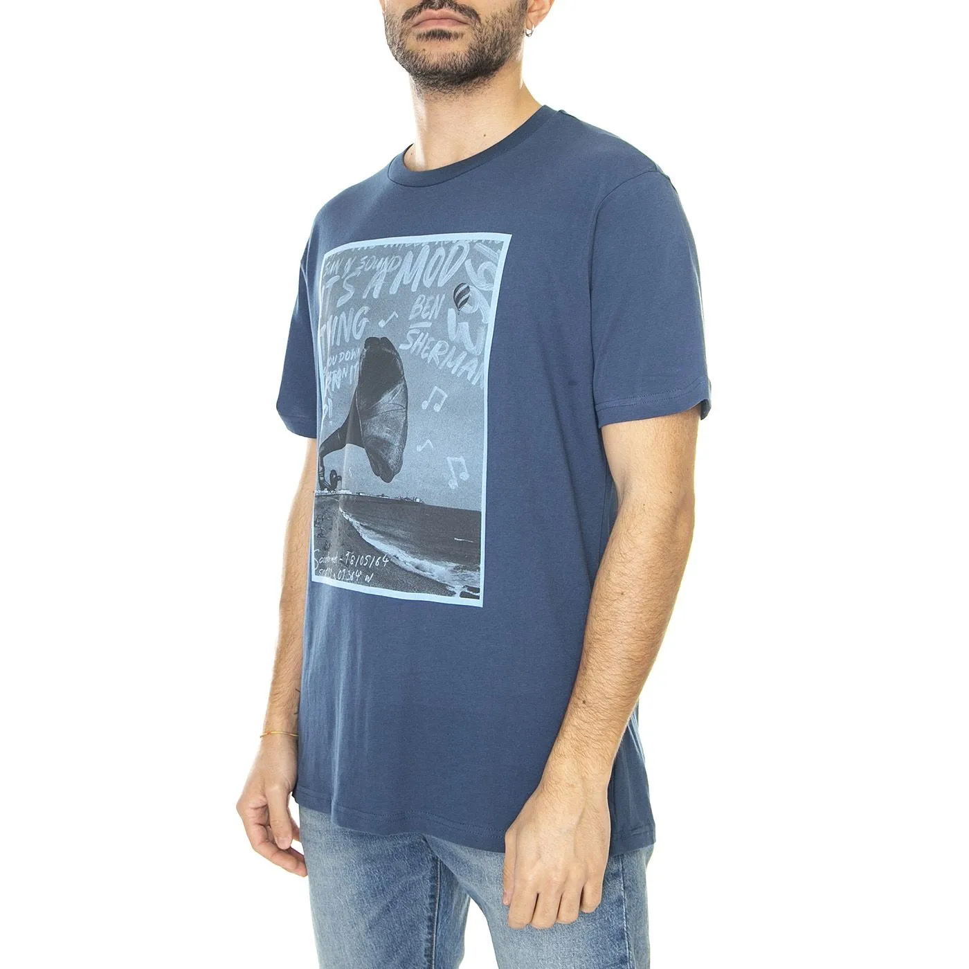 Ben Sherman Brighton Gramophone Tee Blue Denim - Maglietta Girocollo Uomo Blu    