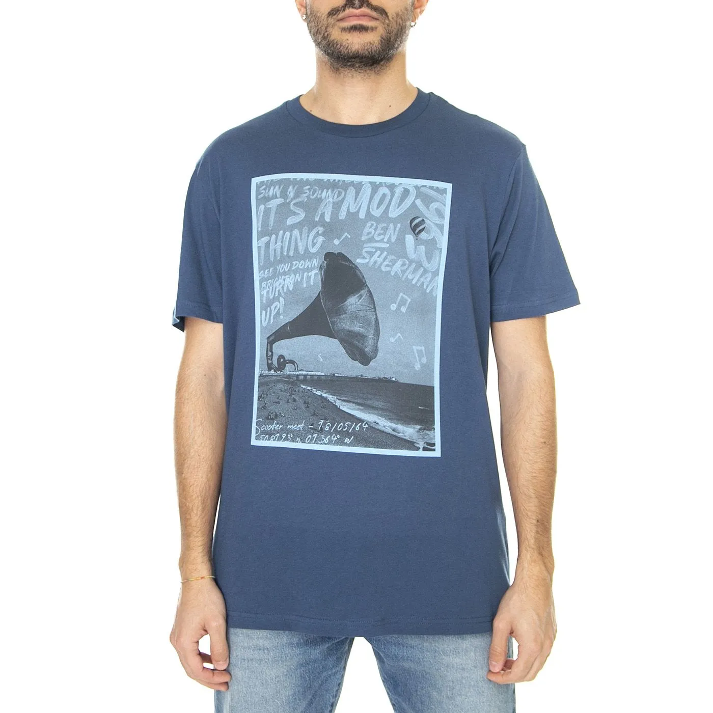Ben Sherman Brighton Gramophone Tee Blue Denim - Maglietta Girocollo Uomo Blu    