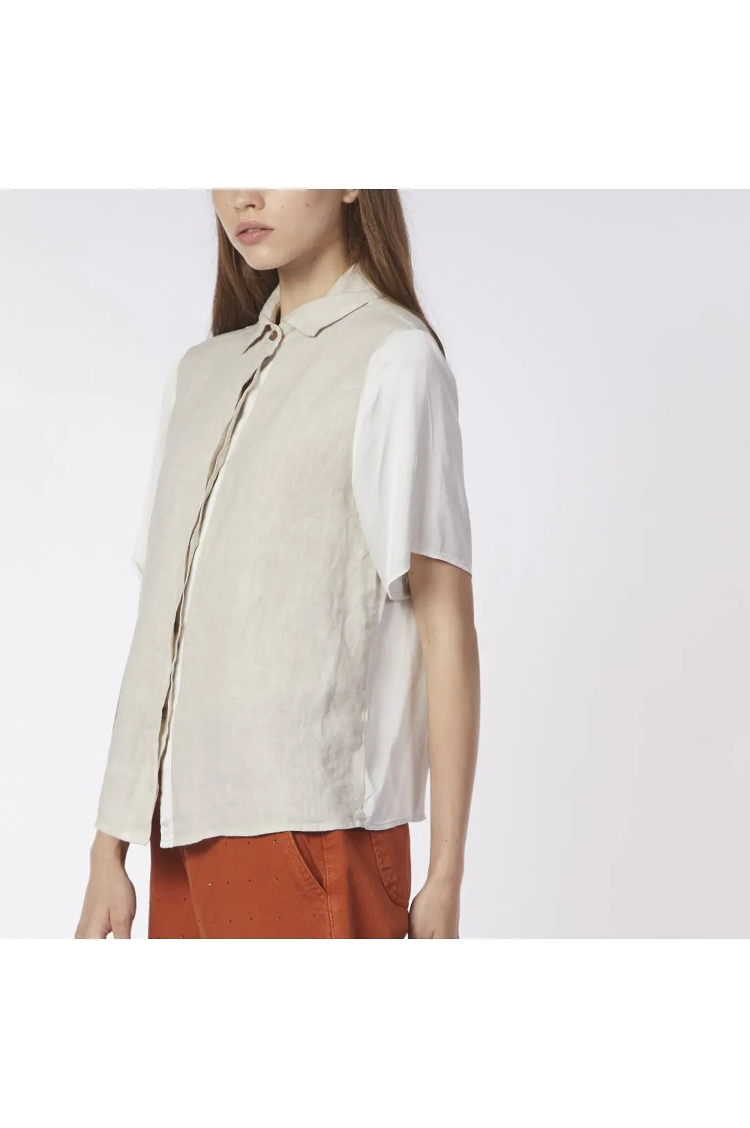 camicia a maniche corte in lino e viscosa avorio