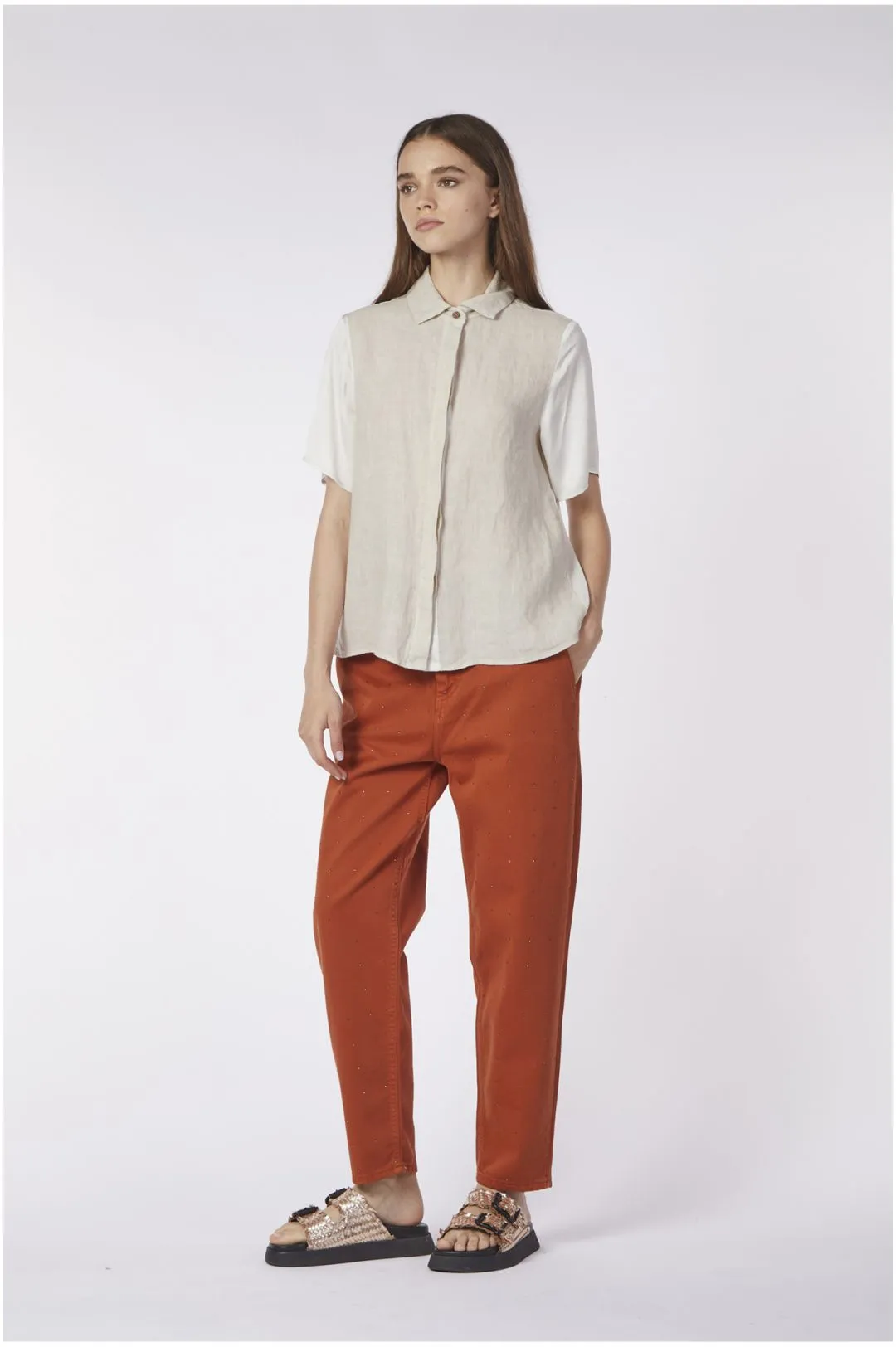 camicia a maniche corte in lino e viscosa avorio