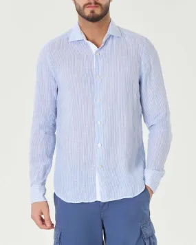Camicia bastoncino bianca e azzurra in puro lino con collo alla francese