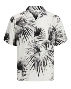 Camicia bianca mezza manica in pura viscosa con fantasia piante nere