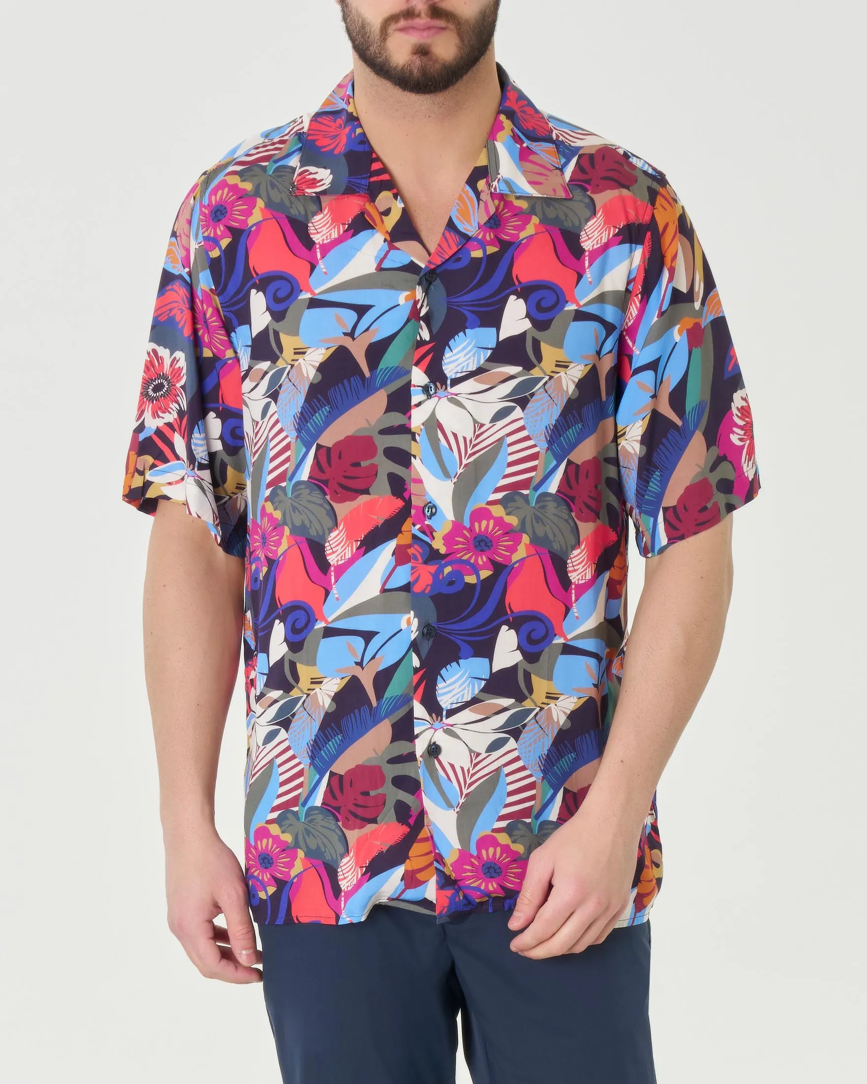 Camicia bowling mezza manica in pura viscosa a fantasia floreale multicolor