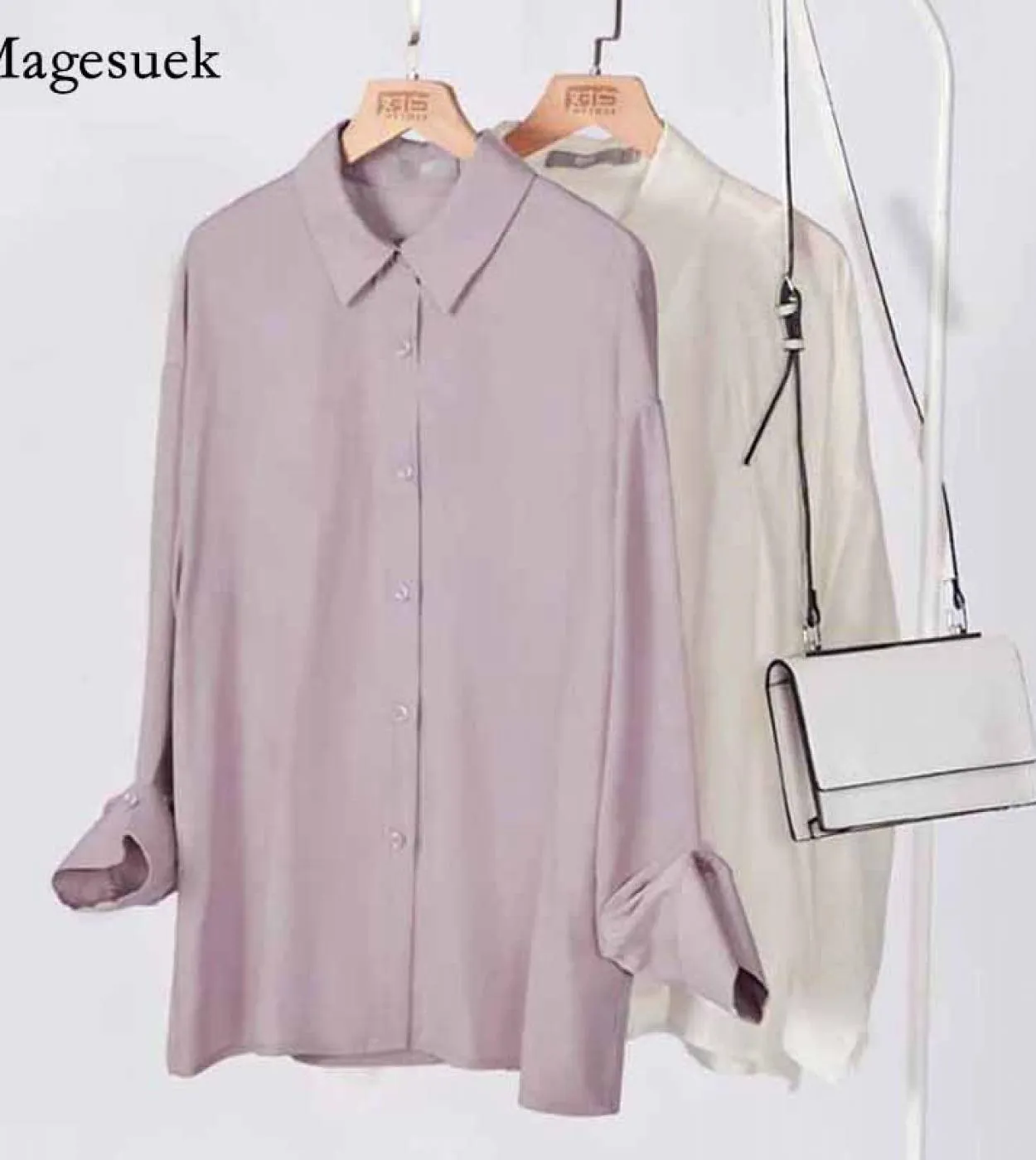 Camicia da donna in chiffon con fondo professionale Cardigan Autunno risvolto Top Camicetta a maniche lunghe viola tinta unita B