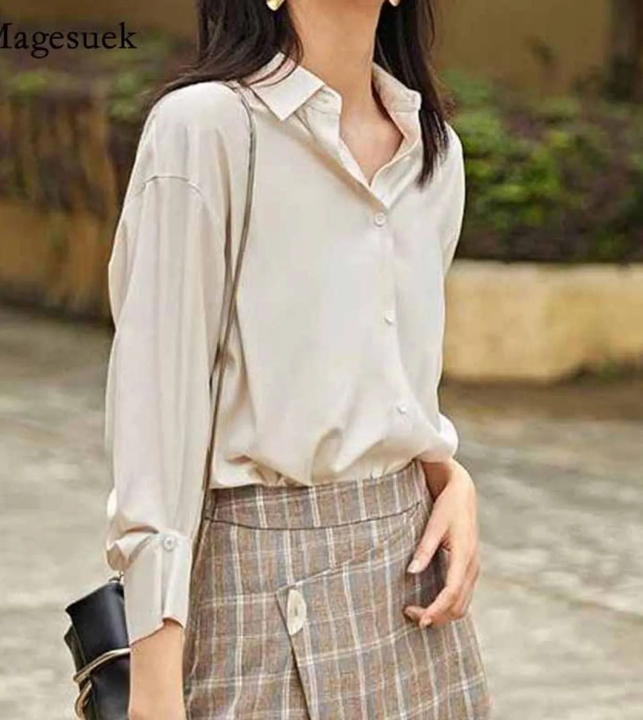 Camicia da donna in chiffon con fondo professionale Cardigan Autunno risvolto Top Camicetta a maniche lunghe viola tinta unita B