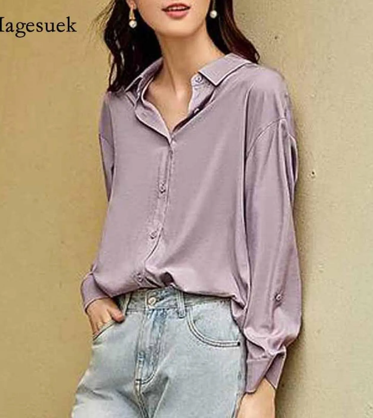 Camicia da donna in chiffon con fondo professionale Cardigan Autunno risvolto Top Camicetta a maniche lunghe viola tinta unita B