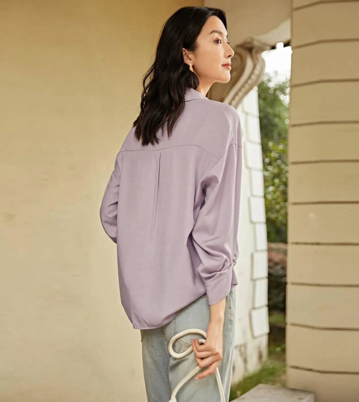 Camicia da donna in chiffon con fondo professionale Cardigan Autunno risvolto Top Camicetta a maniche lunghe viola tinta unita B