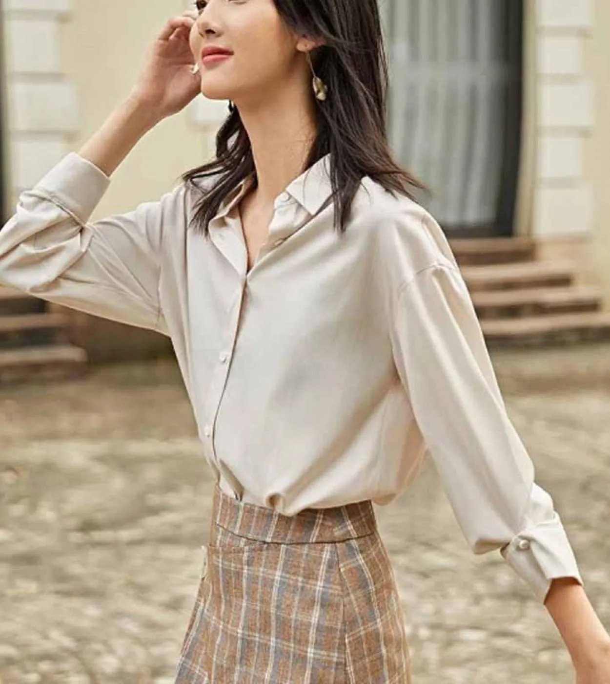 Camicia da donna in chiffon con fondo professionale Cardigan Autunno risvolto Top Camicetta a maniche lunghe viola tinta unita B