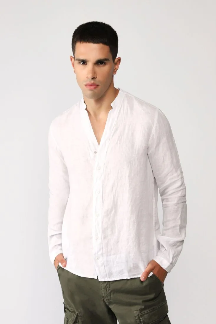 Camicia monocolour con scollo a V e bottoni tono su tono