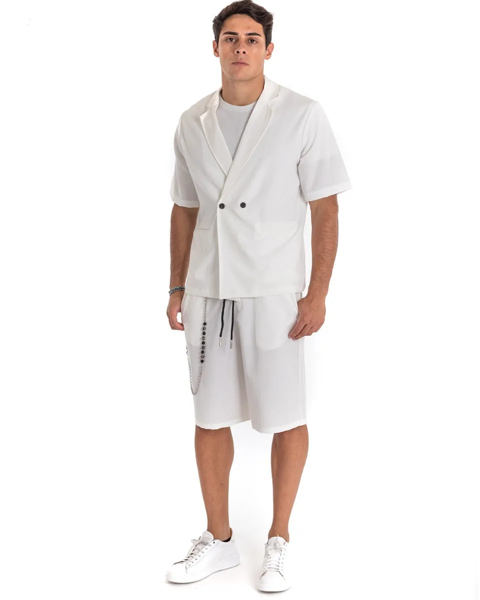 Camicia Uomo Manica Corta Bianco Doppiopetto Colletto Giacca GIOSAL-CC1177A