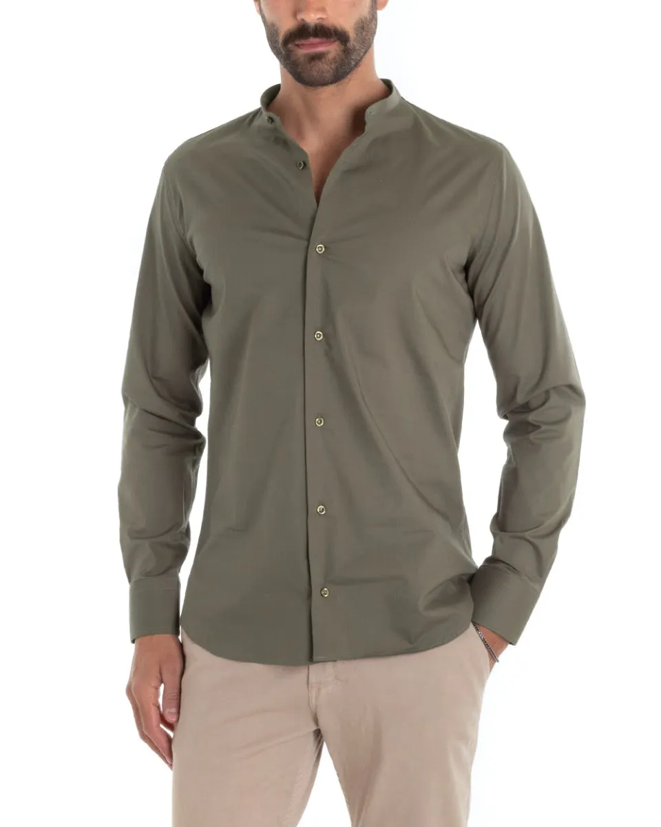 Camicia Uomo Sartoriale Collo Coreano Manica Lunga Basic Cotone Morbido Verde Militare Regular Fit GIOSAL-C2380A