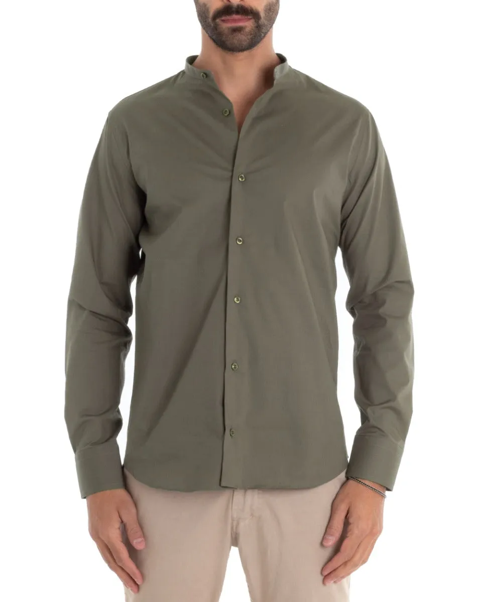 Camicia Uomo Sartoriale Collo Coreano Manica Lunga Basic Cotone Morbido Verde Militare Regular Fit GIOSAL-C2380A