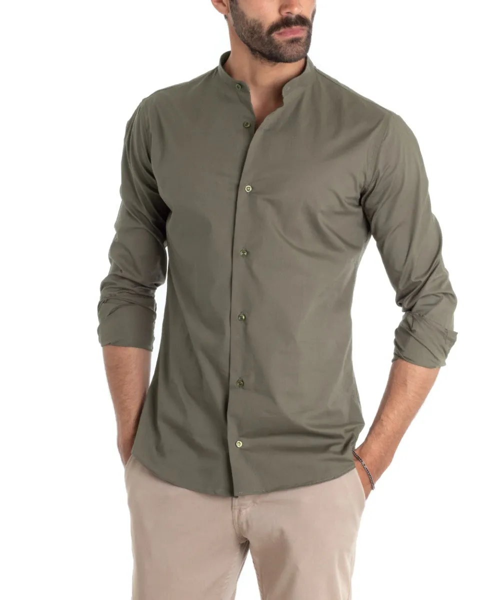 Camicia Uomo Sartoriale Collo Coreano Manica Lunga Basic Cotone Morbido Verde Militare Regular Fit GIOSAL-C2380A