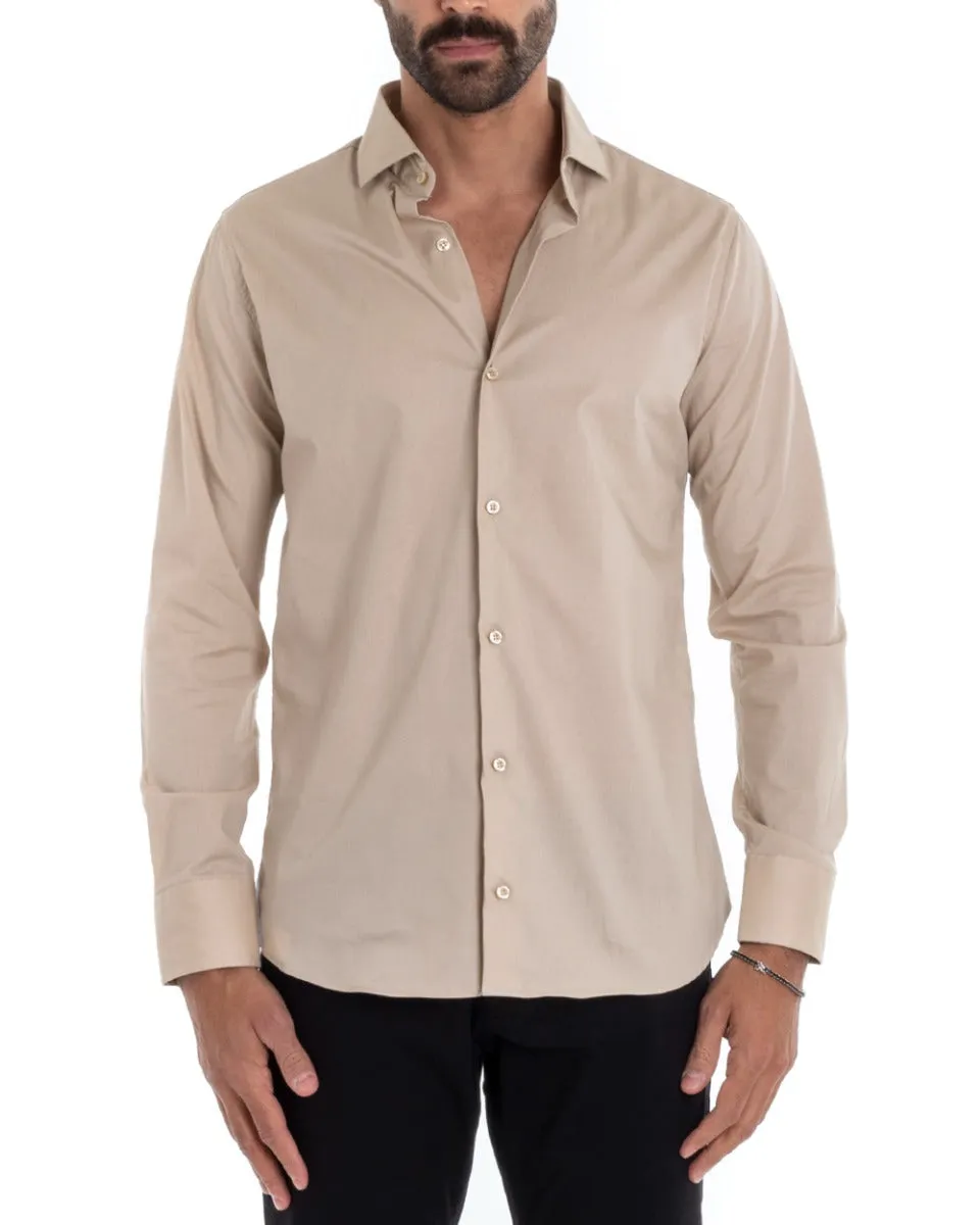 Camicia Uomo Sartoriale Con Colletto Manica Lunga Basic Cotone Morbido Beige Regular Fit GIOSAL-C2394A