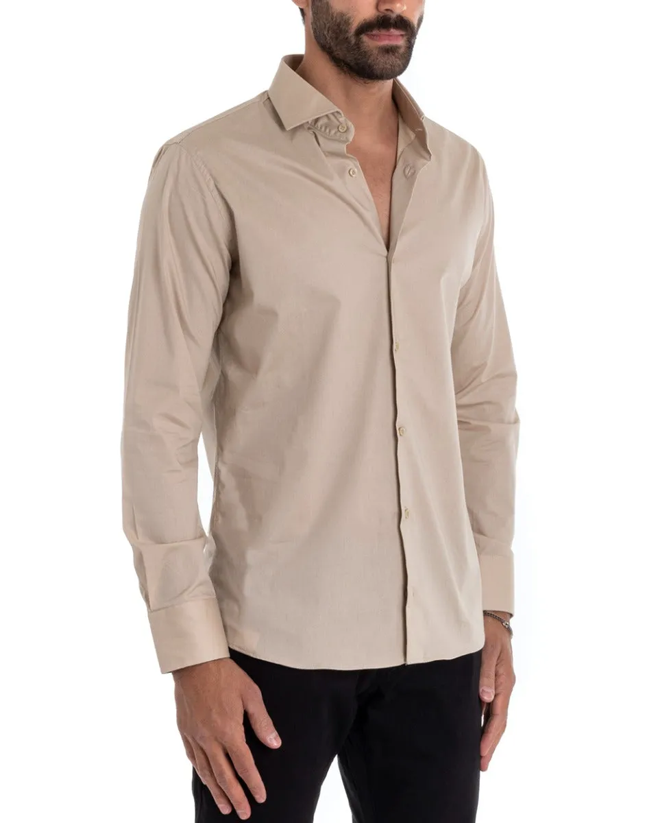 Camicia Uomo Sartoriale Con Colletto Manica Lunga Basic Cotone Morbido Beige Regular Fit GIOSAL-C2394A