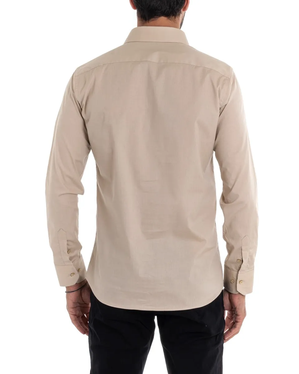 Camicia Uomo Sartoriale Con Colletto Manica Lunga Basic Cotone Morbido Beige Regular Fit GIOSAL-C2394A