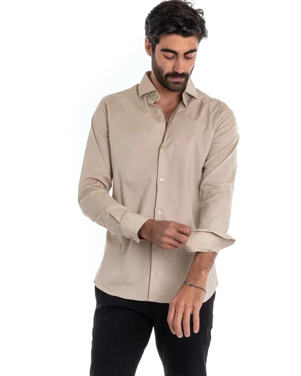 Camicia Uomo Sartoriale Con Colletto Manica Lunga Basic Cotone Morbido Beige Regular Fit GIOSAL-C2394A