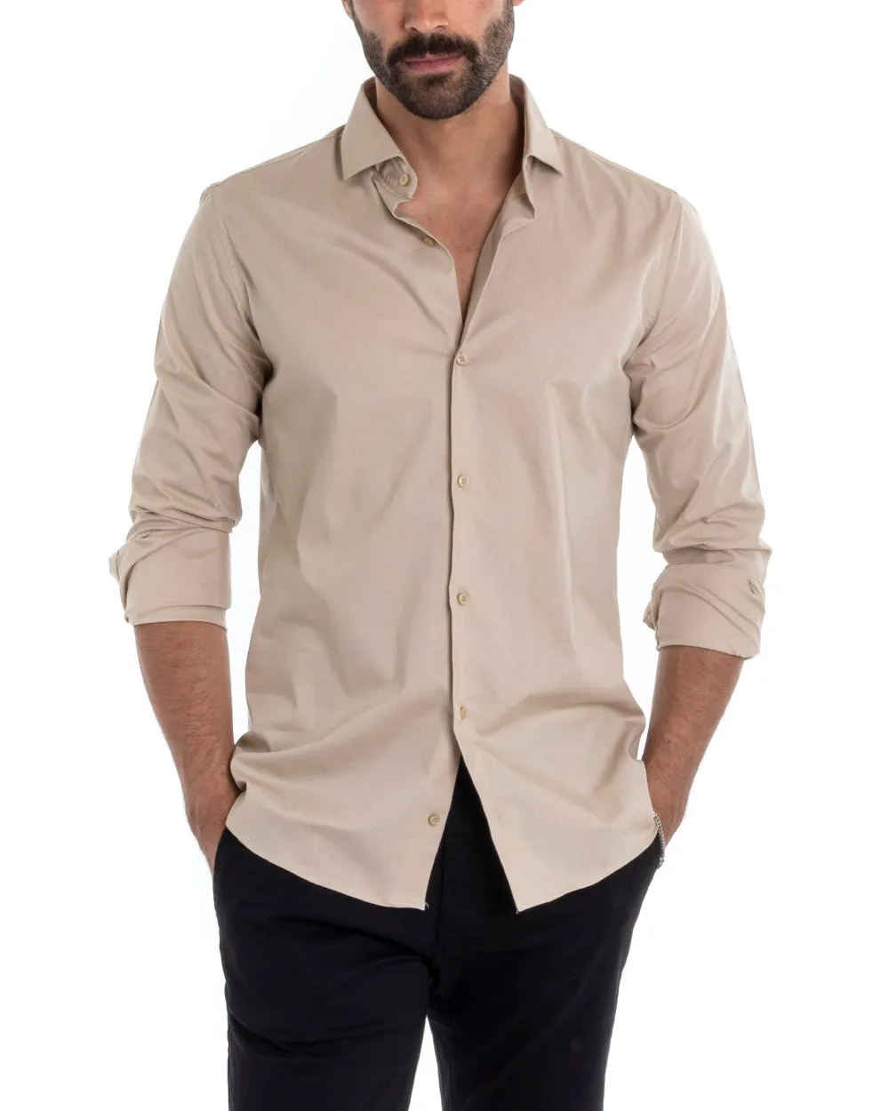 Camicia Uomo Sartoriale Con Colletto Manica Lunga Basic Cotone Morbido Beige Regular Fit GIOSAL-C2394A