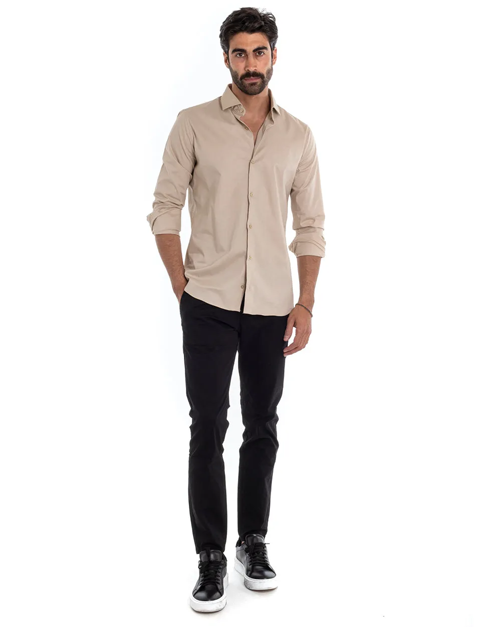 Camicia Uomo Sartoriale Con Colletto Manica Lunga Basic Cotone Morbido Beige Regular Fit GIOSAL-C2394A