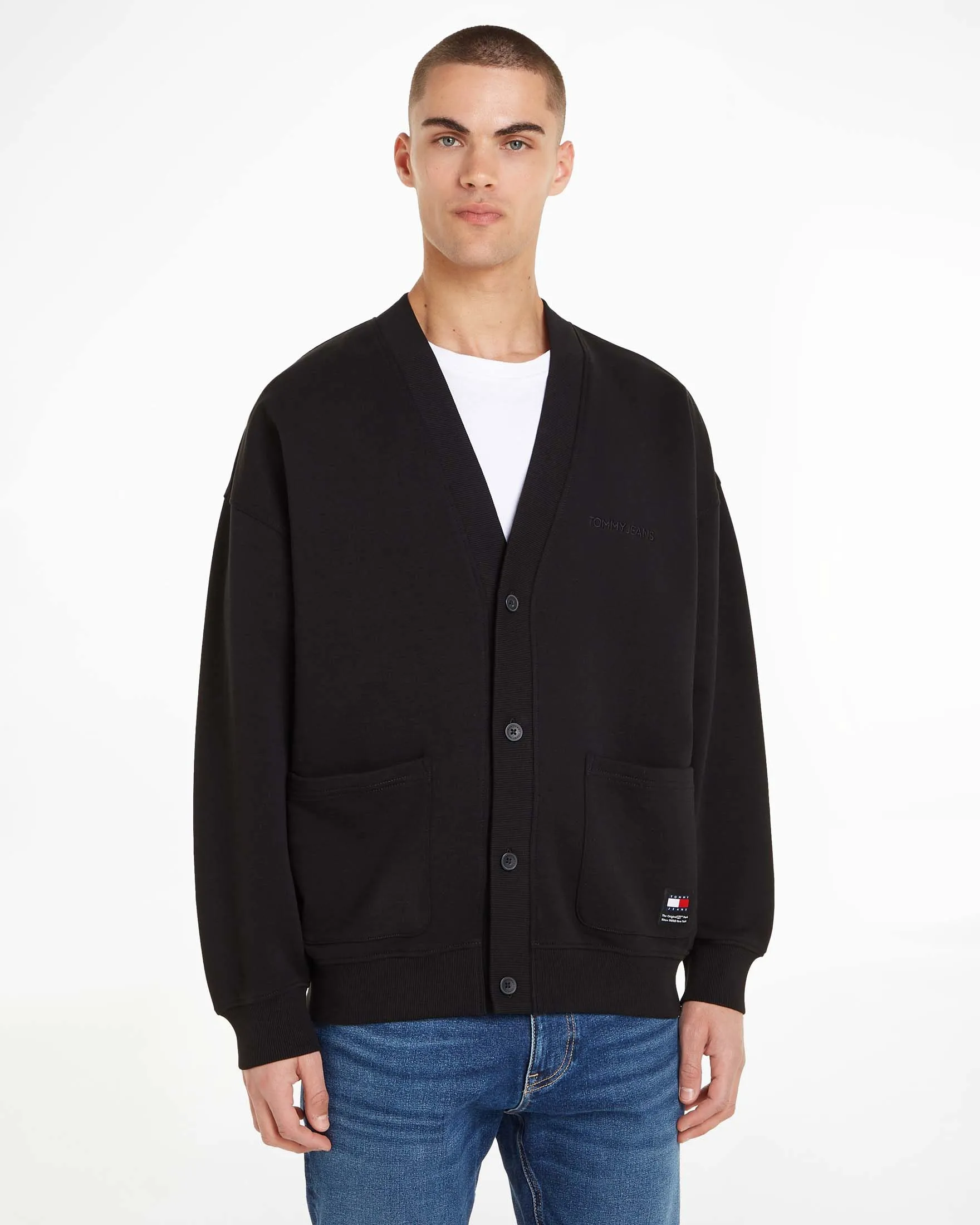 Cardigan nero relaxed-fit in cotone con taschine applicate