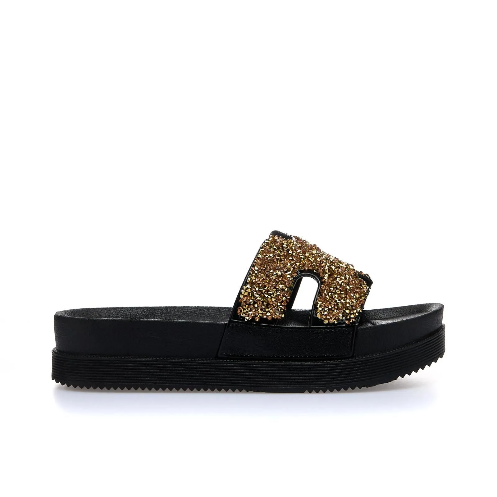 Ciabatte nere in gomma da mare con suola platform e strass oro