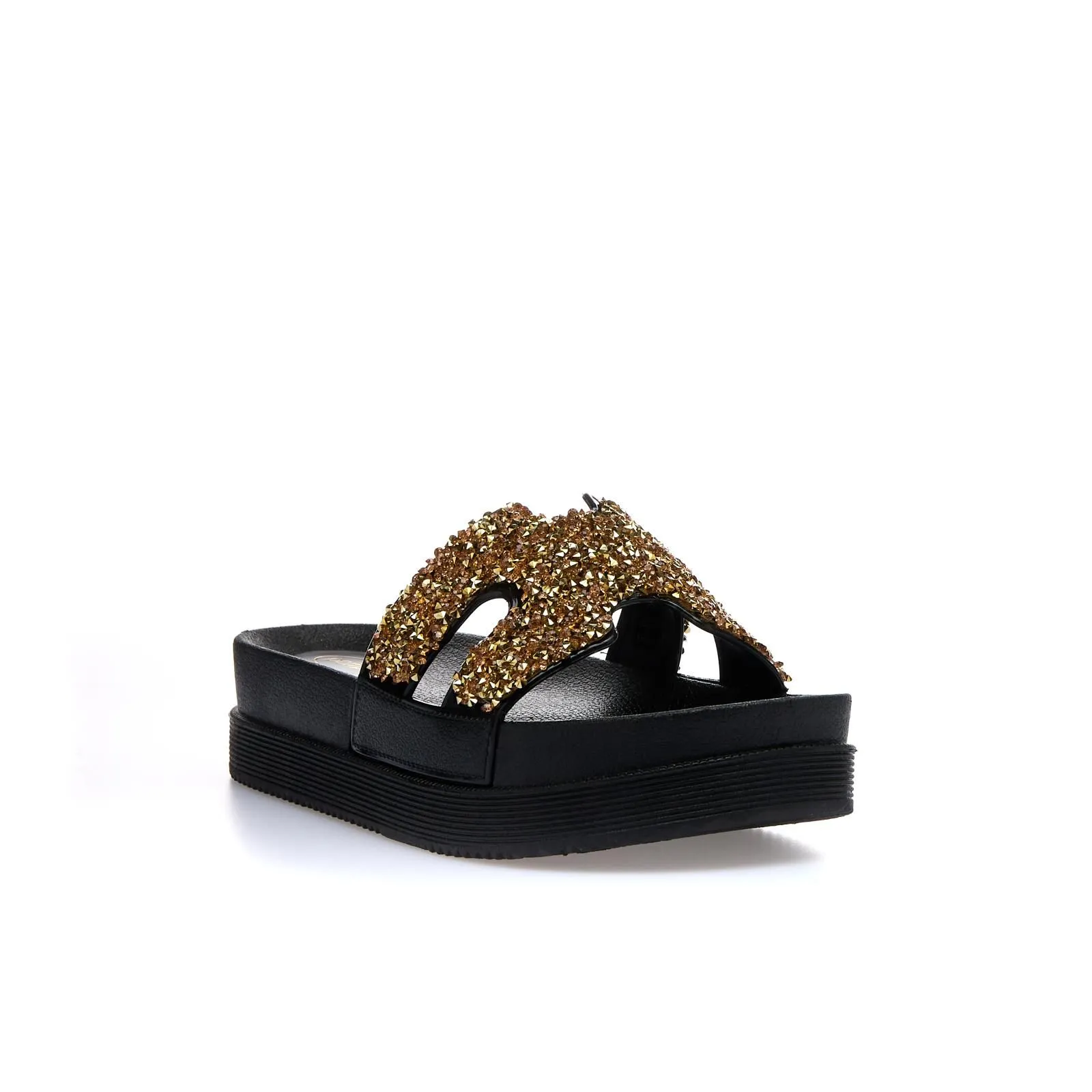 Ciabatte nere in gomma da mare con suola platform e strass oro