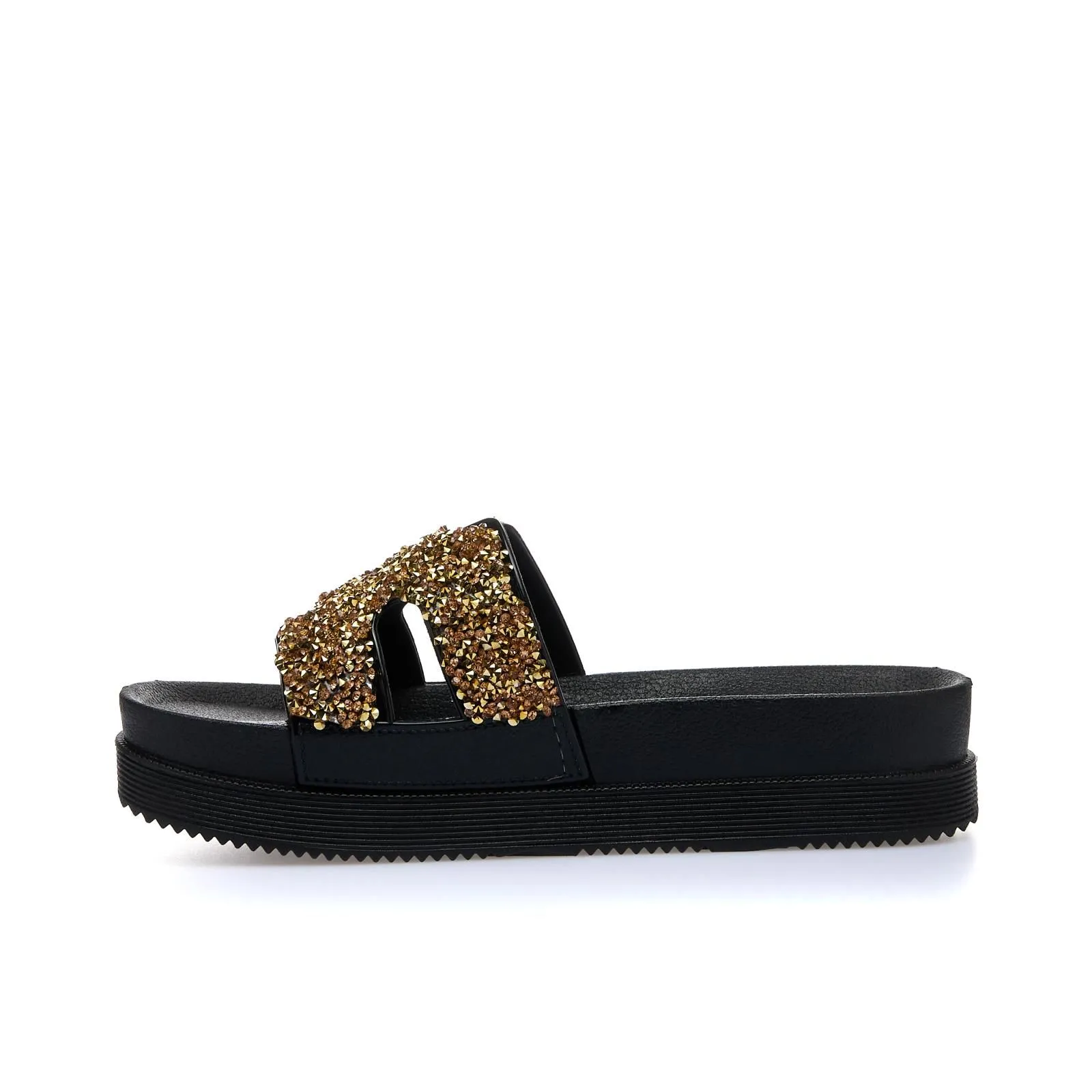 Ciabatte nere in gomma da mare con suola platform e strass oro