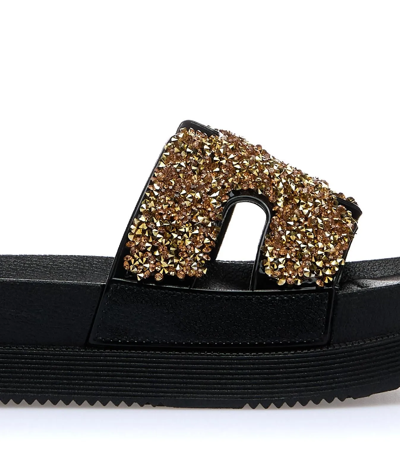 Ciabatte nere in gomma da mare con suola platform e strass oro
