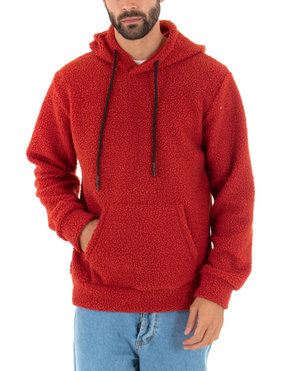 Felpa Uomo Con Cappuccio Maglia Teddy Pelliccia Tinta Unita Rosso Regular Fit GIOSAL-F2891A