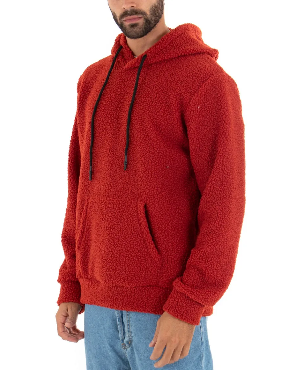 Felpa Uomo Con Cappuccio Maglia Teddy Pelliccia Tinta Unita Rosso Regular Fit GIOSAL-F2891A