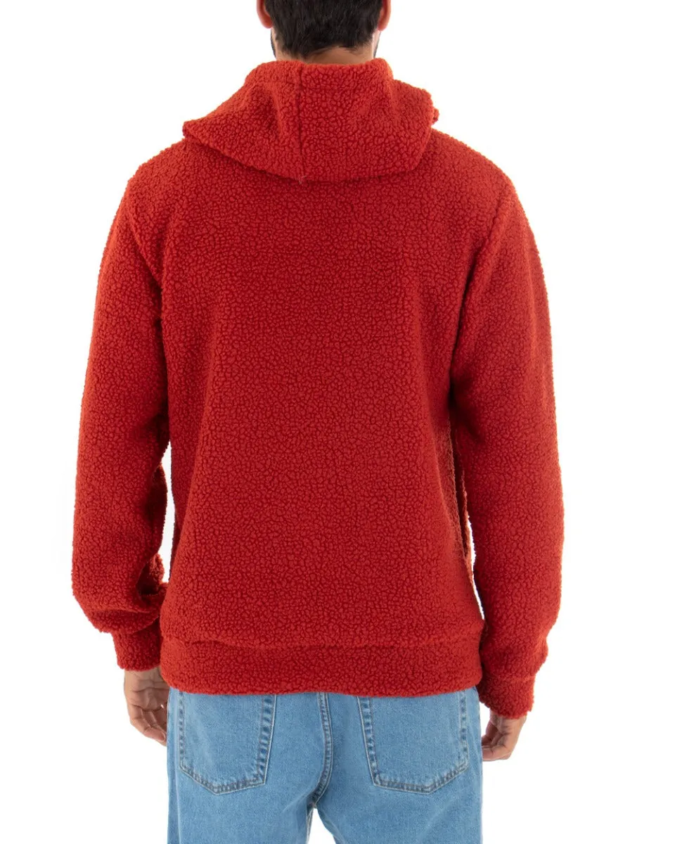Felpa Uomo Con Cappuccio Maglia Teddy Pelliccia Tinta Unita Rosso Regular Fit GIOSAL-F2891A