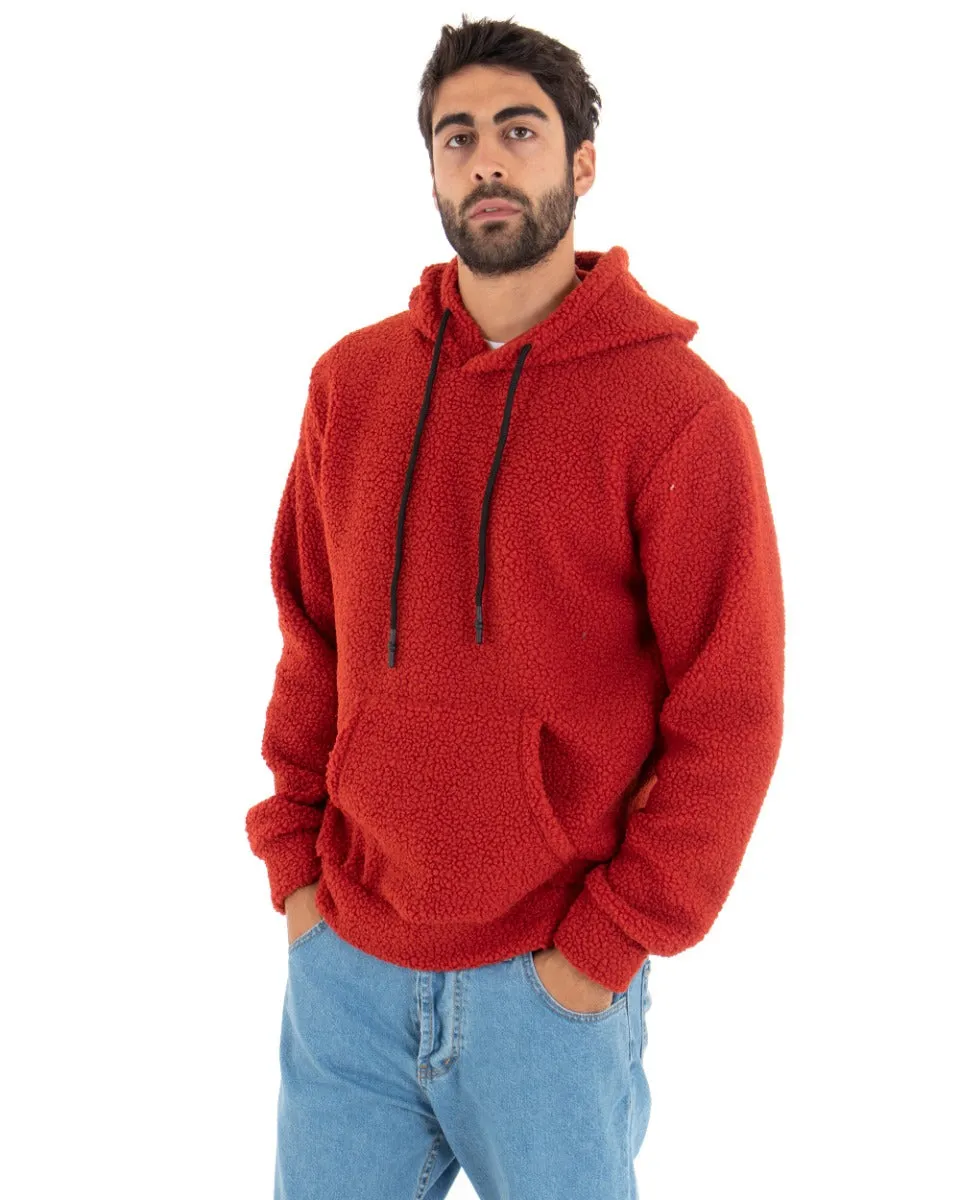 Felpa Uomo Con Cappuccio Maglia Teddy Pelliccia Tinta Unita Rosso Regular Fit GIOSAL-F2891A