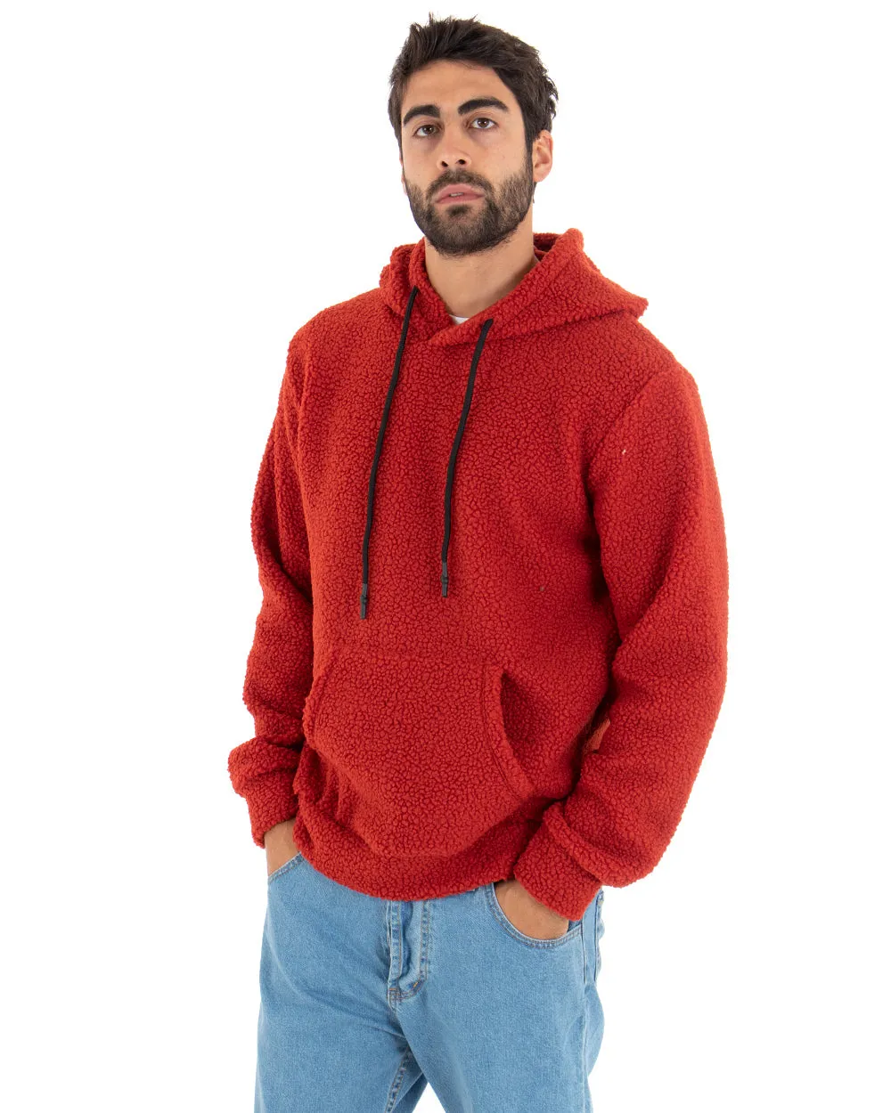 Felpa Uomo Con Cappuccio Maglia Teddy Pelliccia Tinta Unita Rosso Regular Fit GIOSAL-F2891A