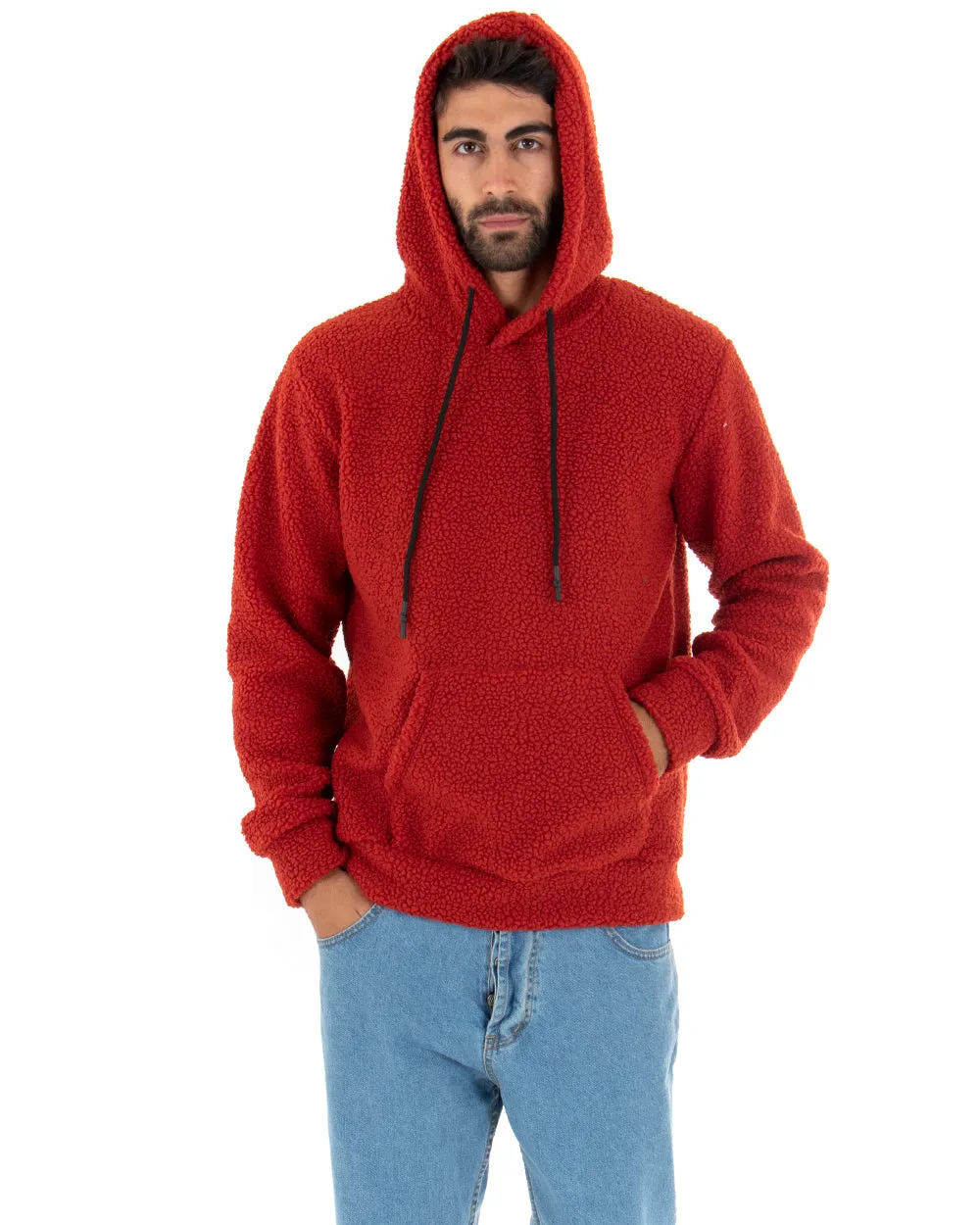 Felpa Uomo Con Cappuccio Maglia Teddy Pelliccia Tinta Unita Rosso Regular Fit GIOSAL-F2891A