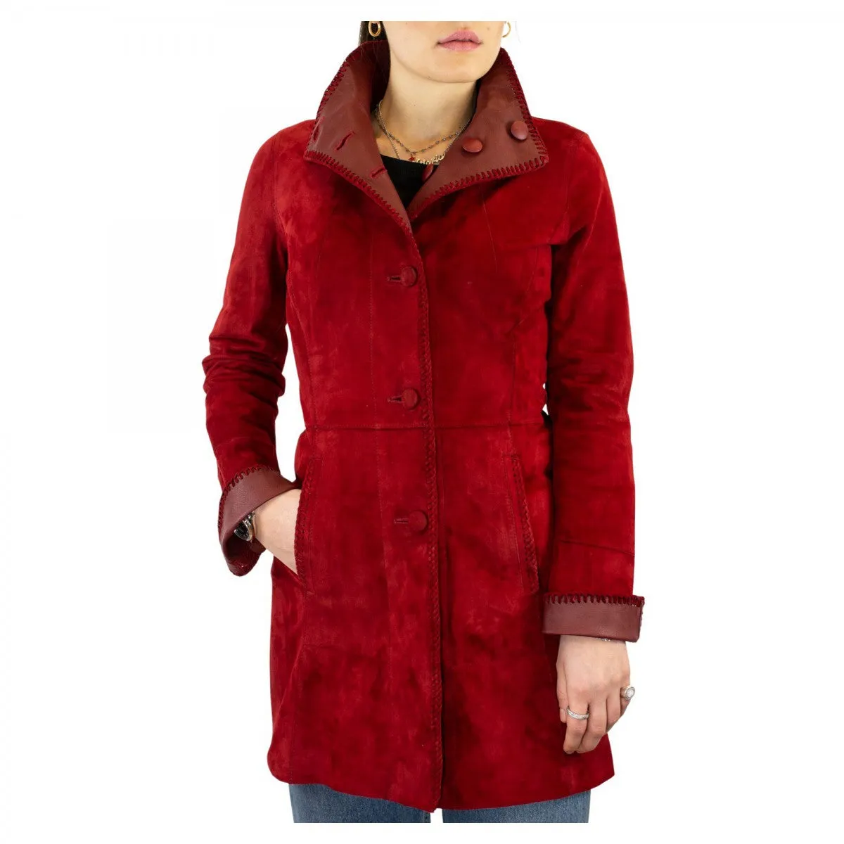 Giacca elegante reversibile da donna fatta a mano in pelle di renna e agnello rossa con bottoni