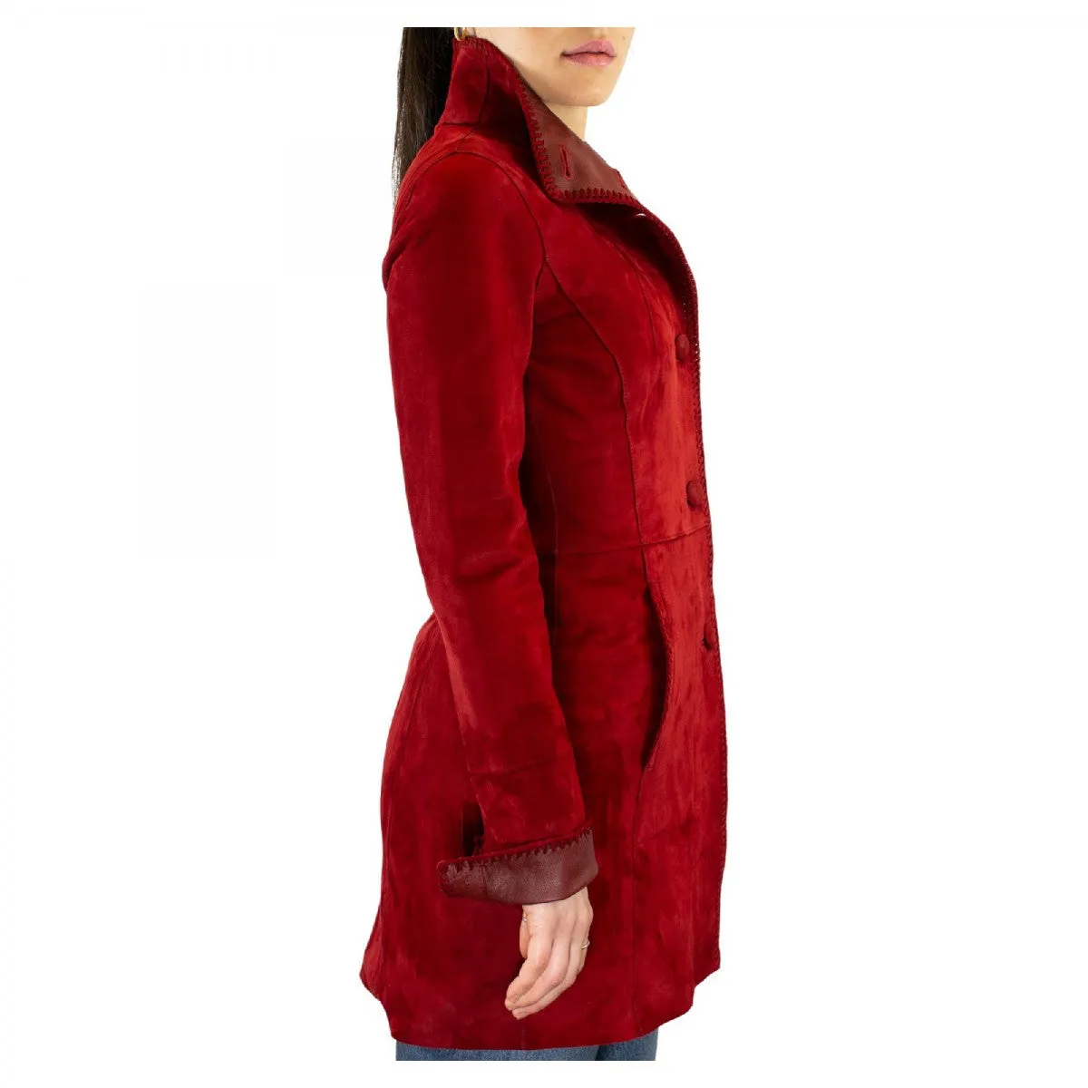 Giacca elegante reversibile da donna fatta a mano in pelle di renna e agnello rossa con bottoni