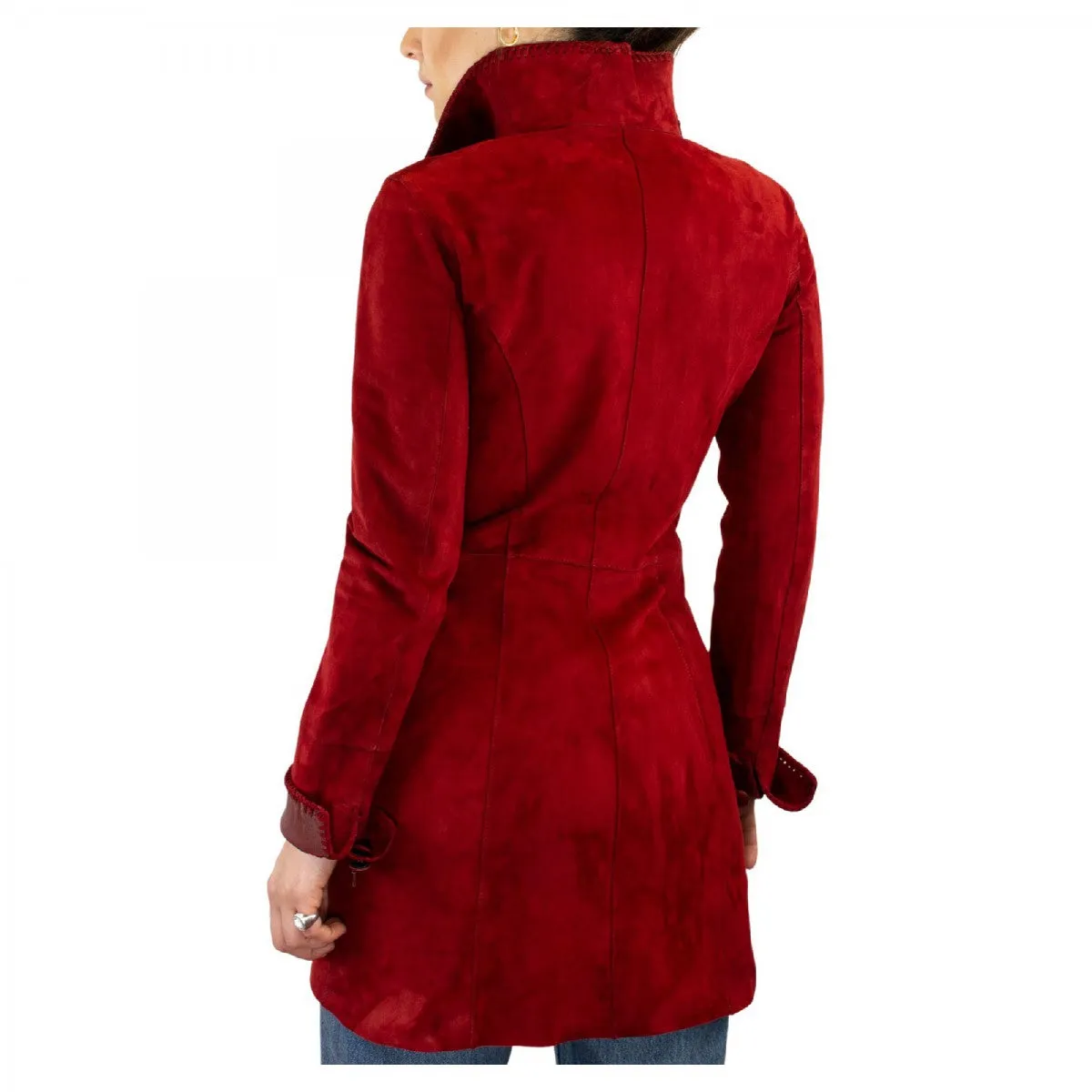 Giacca elegante reversibile da donna fatta a mano in pelle di renna e agnello rossa con bottoni