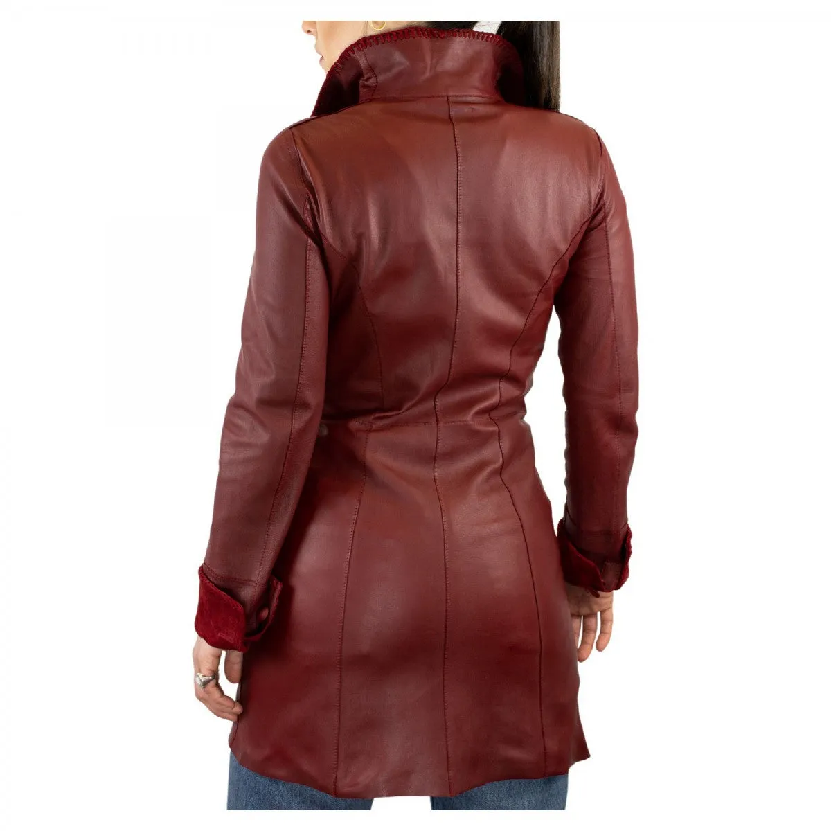 Giacca elegante reversibile da donna fatta a mano in pelle di renna e agnello rossa con bottoni