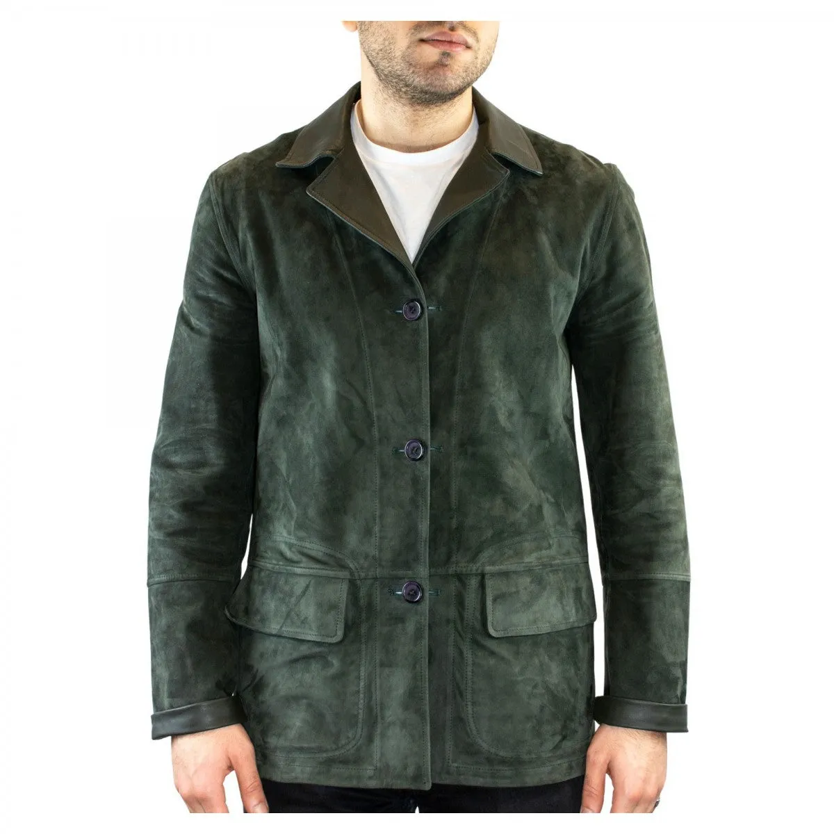 Giacca formale reversibile da uomo fatta a mano in pelle di renna e agnello verde